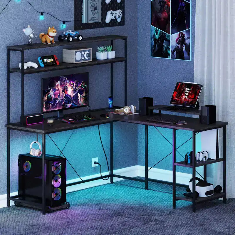 Bureau de jeu en L avec bande LED RGB, prises de courant et étagère - Support d'écran, support de tour d'ordinateur, design réversible