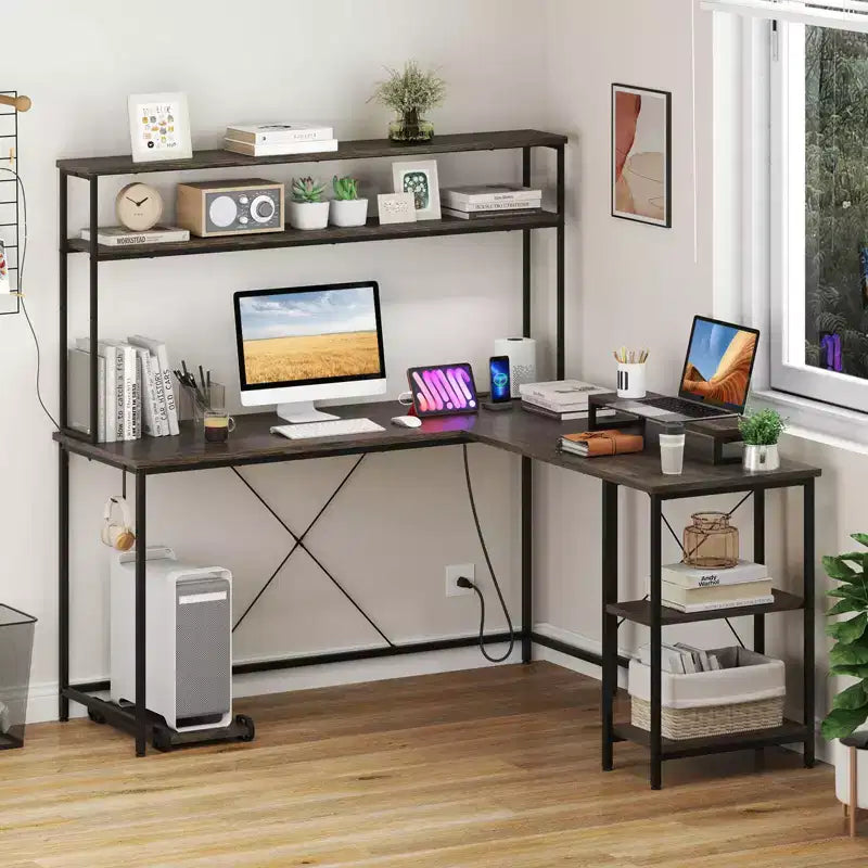 Bureau de jeu en L avec bande LED RGB, prises de courant et étagère - Support d'écran, support de tour d'ordinateur, design réversible