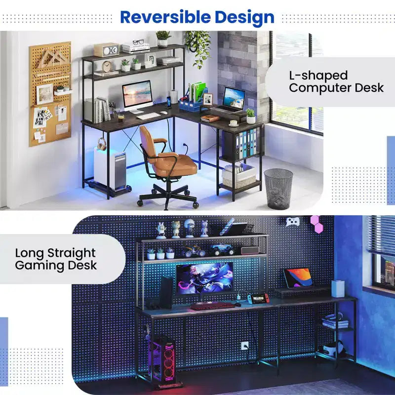 Bureau de jeu en L avec bande LED RGB, prises de courant et étagère - Support d'écran, support de tour d'ordinateur, design réversible