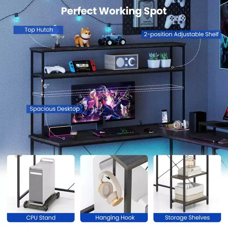 Bureau de jeu en L avec bande LED RGB, prises de courant et étagère - Support d'écran, support de tour d'ordinateur, design réversible