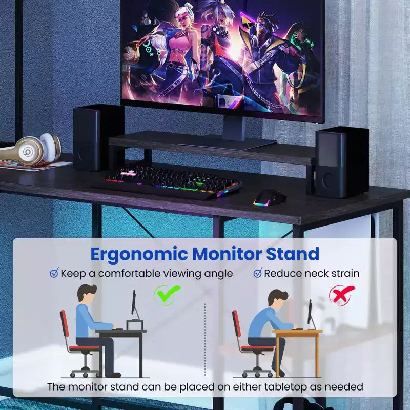 Bureau de jeu en L avec bande LED RGB, prises de courant et étagère - Support d'écran, support de tour d'ordinateur, design réversible