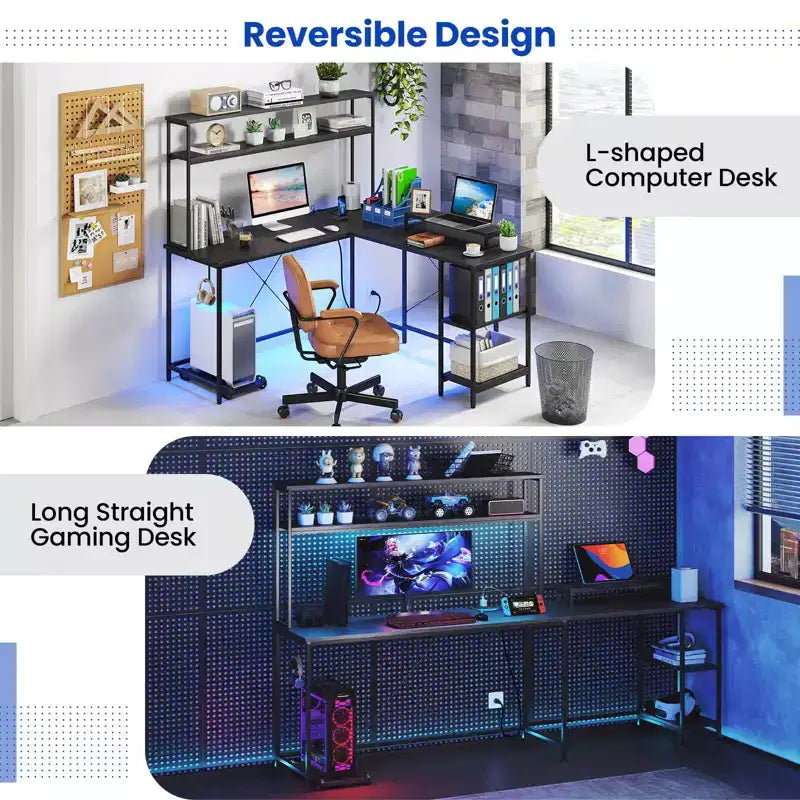 Bureau de jeu en L avec bande LED RGB, prises de courant et étagère - Support d'écran, support de tour d'ordinateur, design réversible