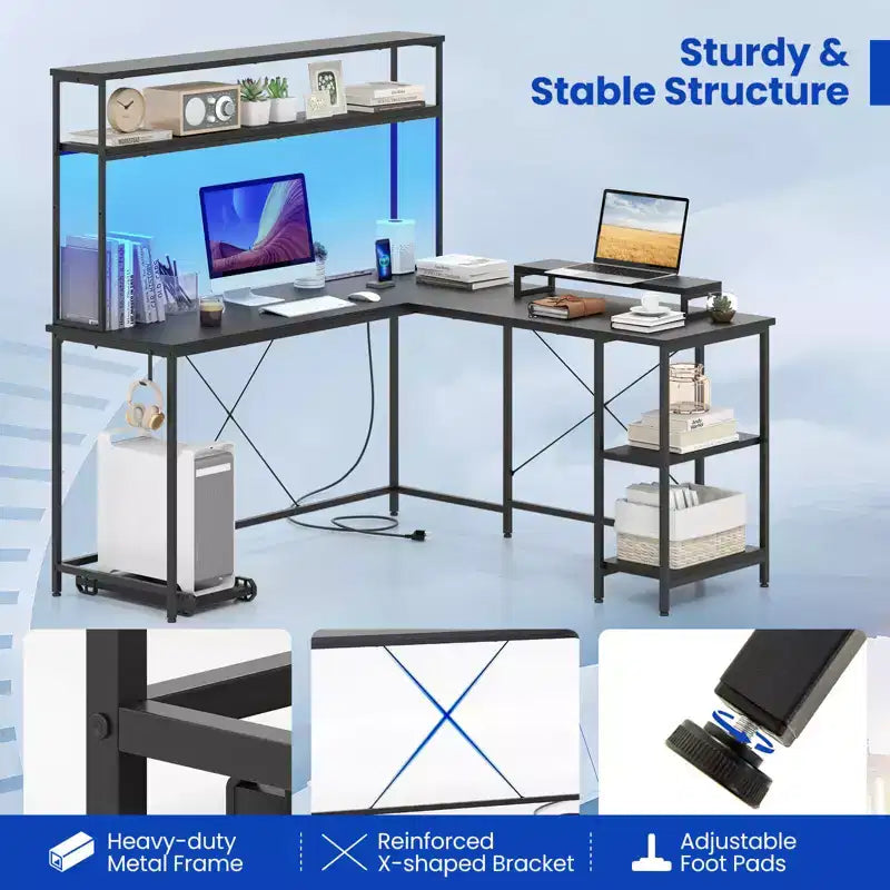Bureau de jeu en L avec bande LED RGB, prises de courant et étagère - Support d'écran, support de tour d'ordinateur, design réversible