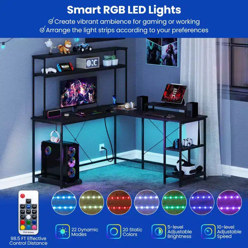 Bureau de jeu en L avec bande LED RGB, prises de courant et étagère - Support d'écran, support de tour d'ordinateur, design réversible