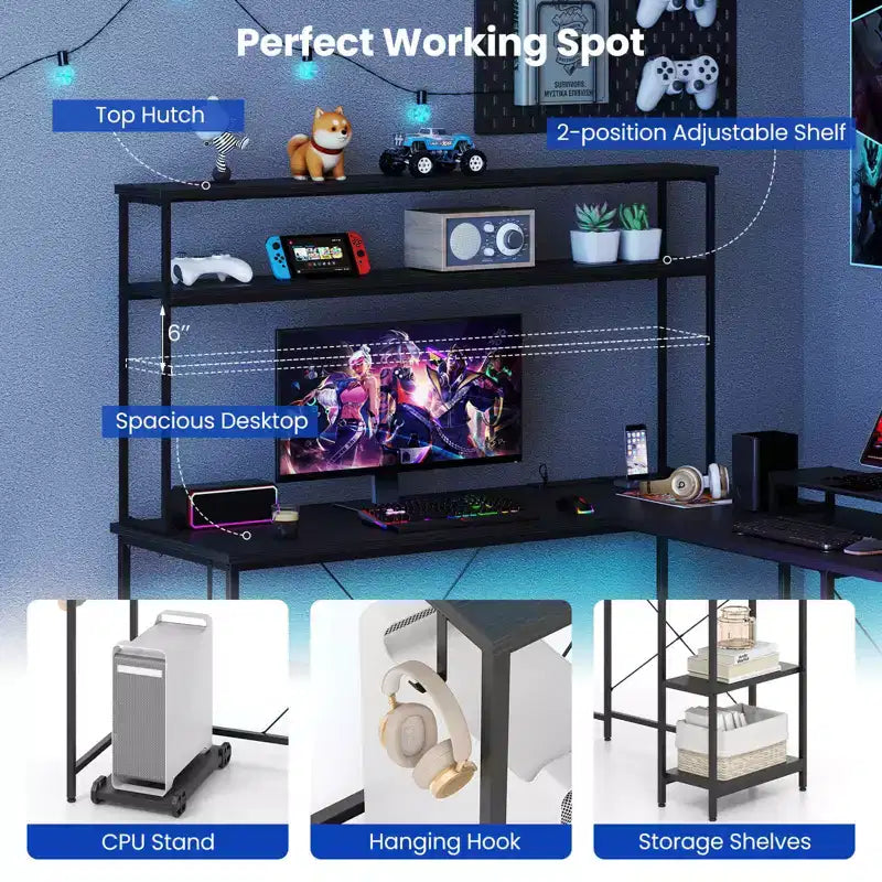Bureau de jeu en L avec bande LED RGB, prises de courant et étagère - Support d'écran, support de tour d'ordinateur, design réversible