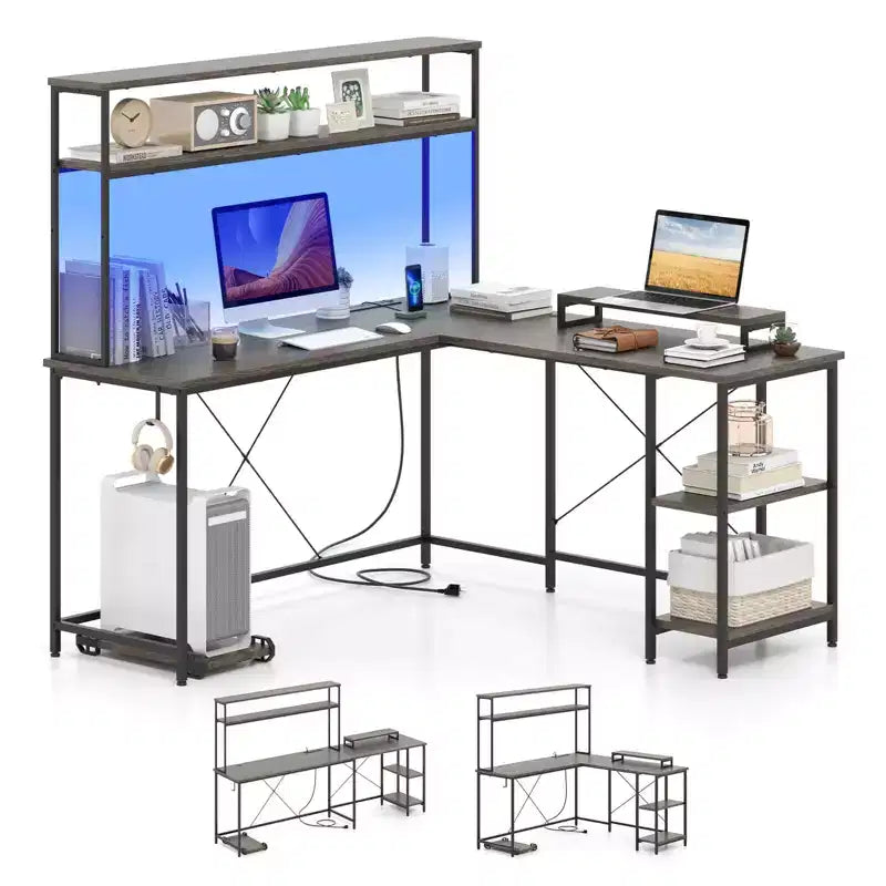 Bureau de jeu en L avec bande LED RGB, prises de courant et étagère - Support d'écran, support de tour d'ordinateur, design réversible