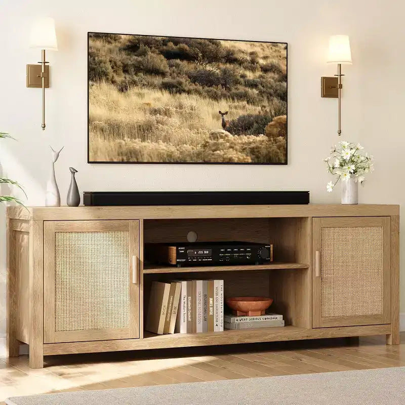 75 Rattan & Oak Boho TV Stand  2-Tier Entertainment Center with Adjustable Shelves, Media Cabinet for Living Room/Bedroom