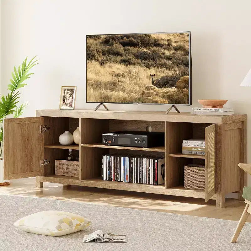 Meuble TV Bohème en Rotin et Chêne de 75 po, Centre de Divertissement à 2 Niveaux avec Étagères Réglables, Meuble Médias pour Salon/Chambre