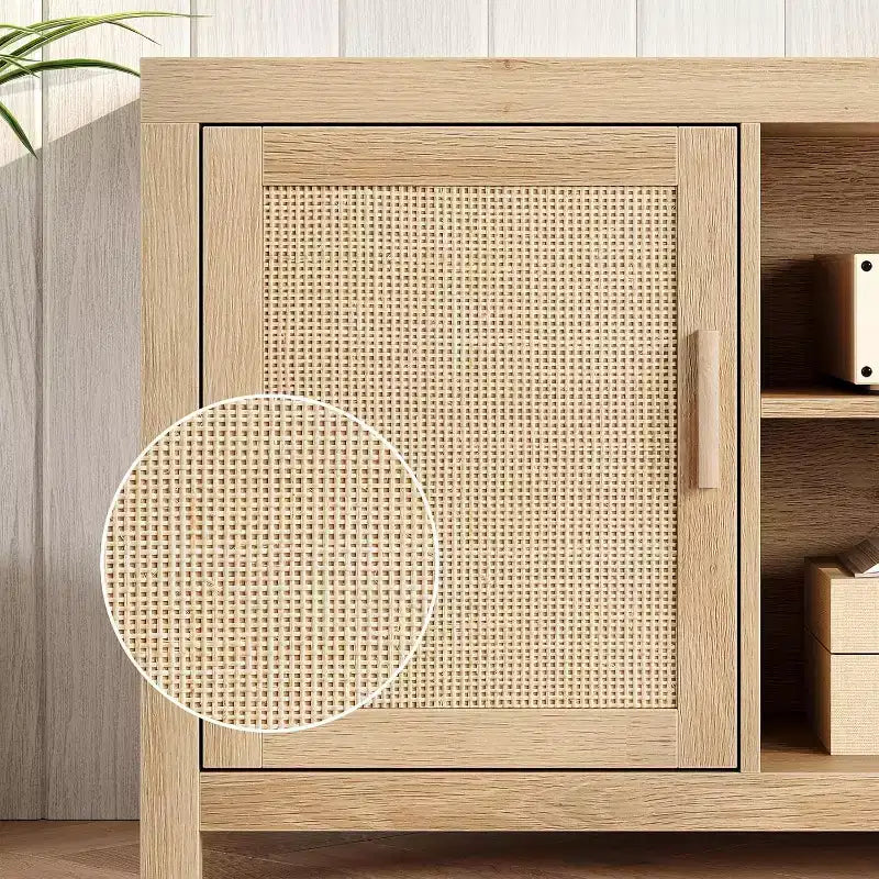 Meuble TV Bohème en Rotin et Chêne de 75 po, Centre de Divertissement à 2 Niveaux avec Étagères Réglables, Meuble Médias pour Salon/Chambre
