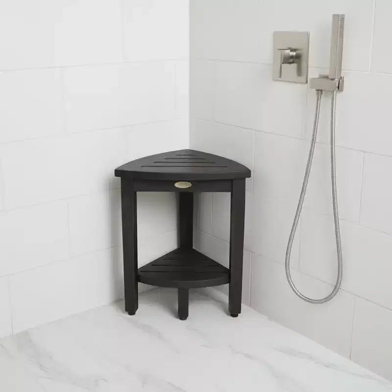 Banc de douche d'angle curviligne en teck gris 18" avec étagère