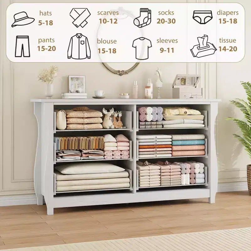Commode en bois à 7 tiroirs – Commode haute de style bohème avec pieds incurvés, accents en rotin et rangement autoportant