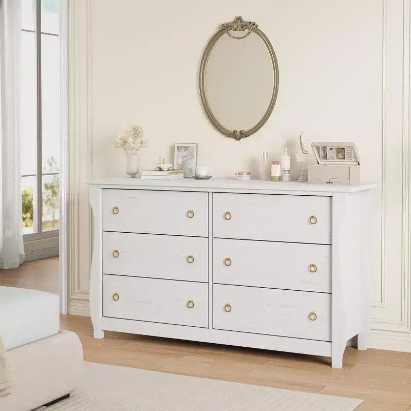 Commode en bois à 7 tiroirs – Commode haute de style bohème avec pieds incurvés, accents en rotin et rangement autoportant
