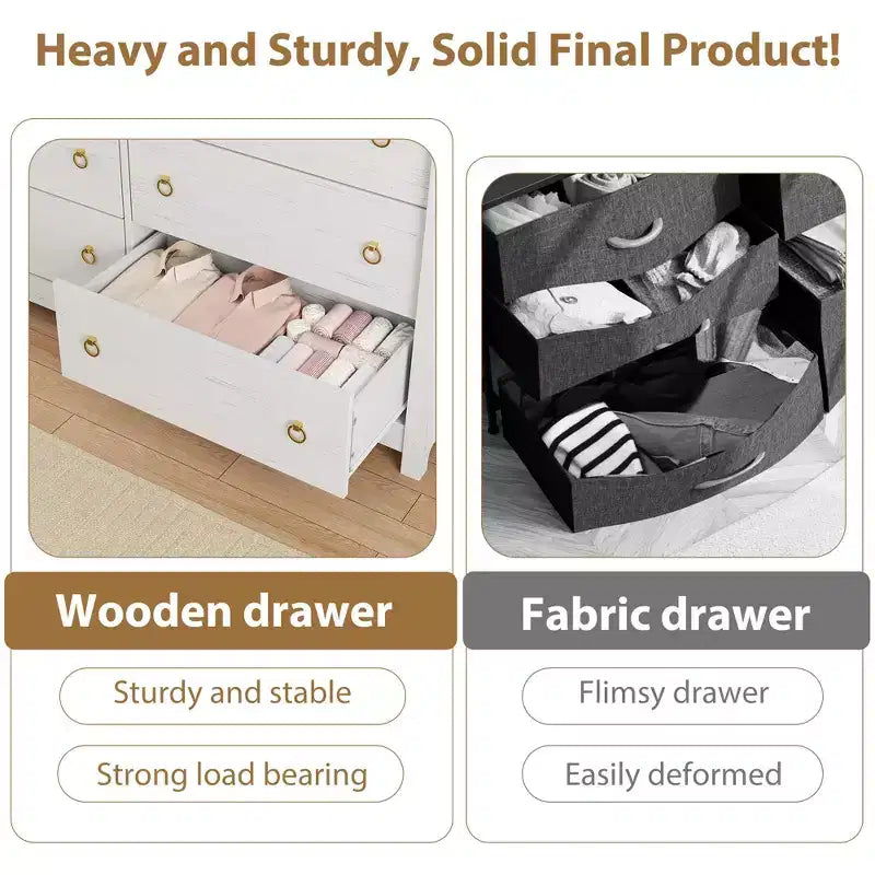 Commode en bois à 7 tiroirs – Commode haute de style bohème avec pieds incurvés, accents en rotin et rangement autoportant