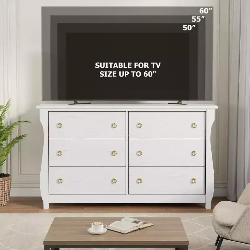 Commode en bois à 7 tiroirs – Commode haute de style bohème avec pieds incurvés, accents en rotin et rangement autoportant