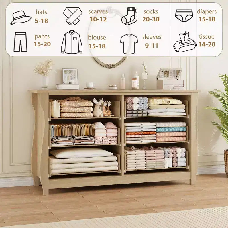 Commode en bois à 7 tiroirs – Commode haute de style bohème avec pieds incurvés, accents en rotin et rangement autoportant