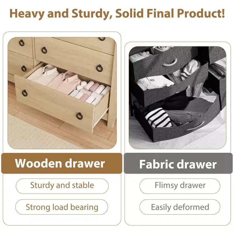 Commode en bois à 7 tiroirs – Commode haute de style bohème avec pieds incurvés, accents en rotin et rangement autoportant