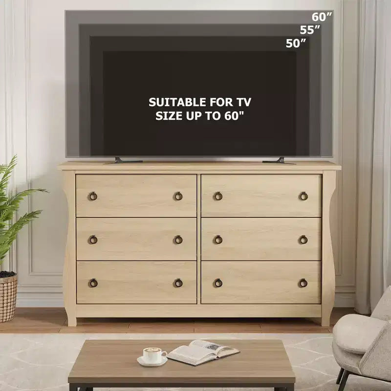 Commode en bois à 7 tiroirs – Commode haute de style bohème avec pieds incurvés, accents en rotin et rangement autoportant