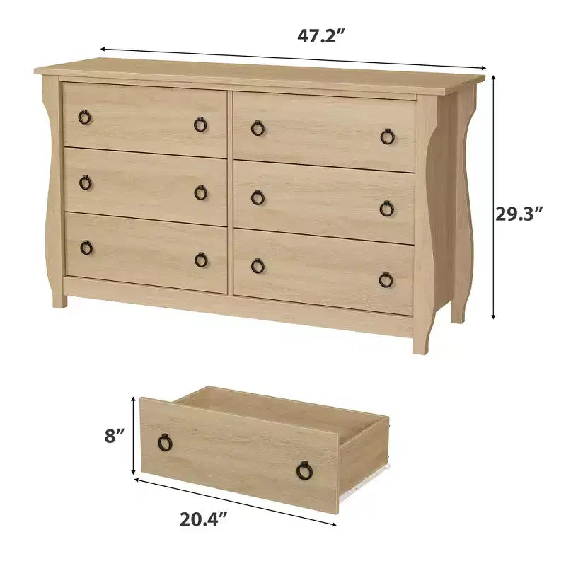 Commode en bois à 7 tiroirs – Commode haute de style bohème avec pieds incurvés, accents en rotin et rangement autoportant