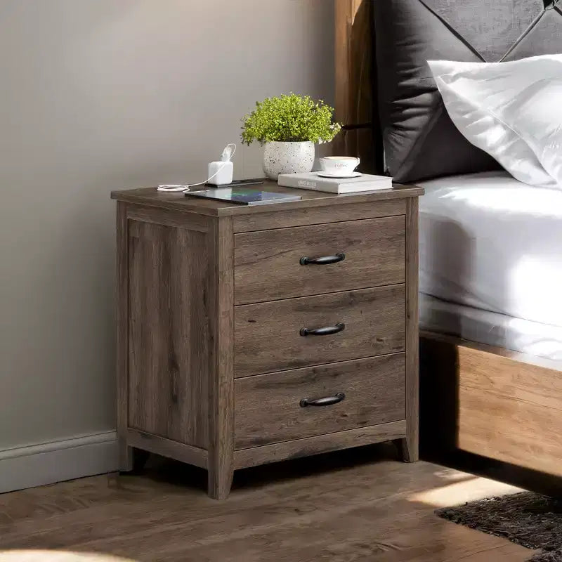 Table de chevet de ferme avec station de recharge - Table de nuit à 3 tiroirs avec ports USB