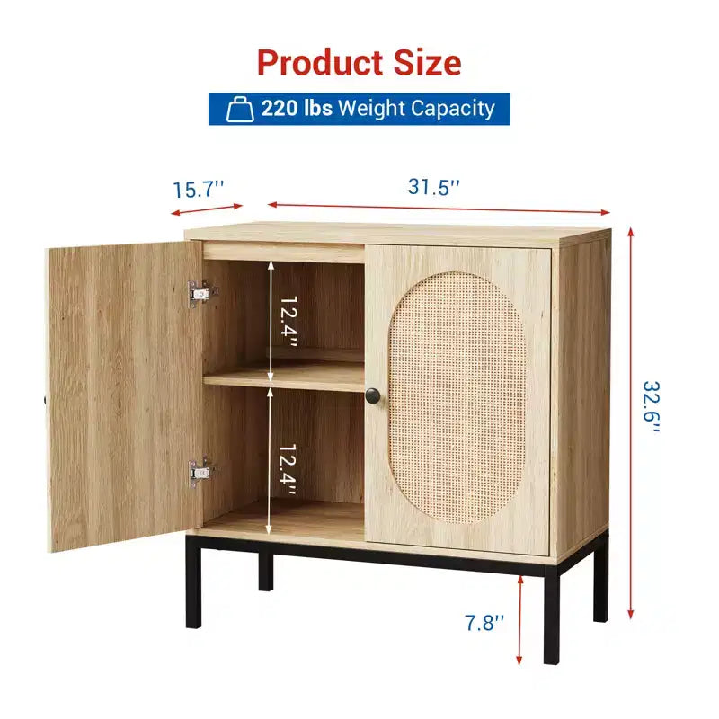 Buffet en rotin de 80 cm avec étagères réglables - Meuble de rangement en bois massif pour salon, salle à manger et entrée