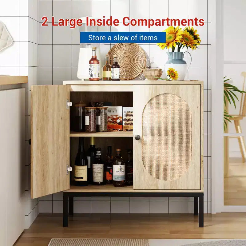 Buffet en rotin de 80 cm avec étagères réglables - Meuble de rangement en bois massif pour salon, salle à manger et entrée