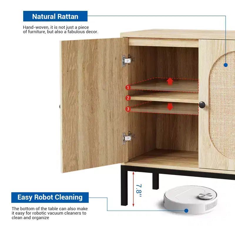Buffet en rotin de 80 cm avec étagères réglables - Meuble de rangement en bois massif pour salon, salle à manger et entrée