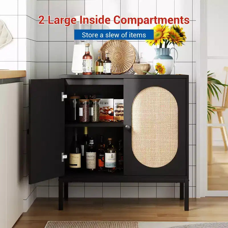 Buffet en rotin de 80 cm avec étagères réglables - Meuble de rangement en bois massif pour salon, salle à manger et entrée