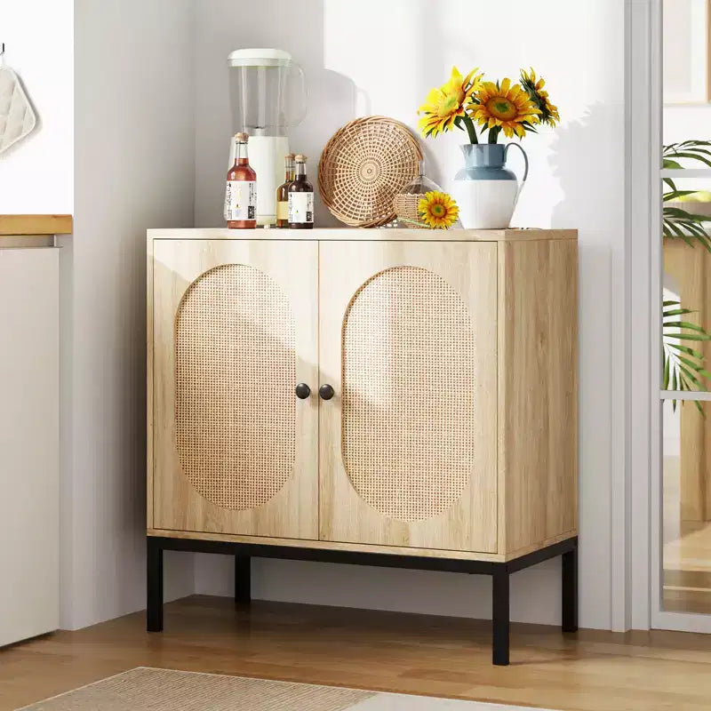 Buffet en rotin de 80 cm avec étagères réglables - Meuble de rangement en bois massif pour salon, salle à manger et entrée