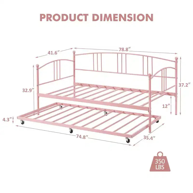 Lit de repos double en métal avec lit gigogne escamotable et 6 roulettes – Support à lattes en acier, canapé-lit d'appoint peu encombrant