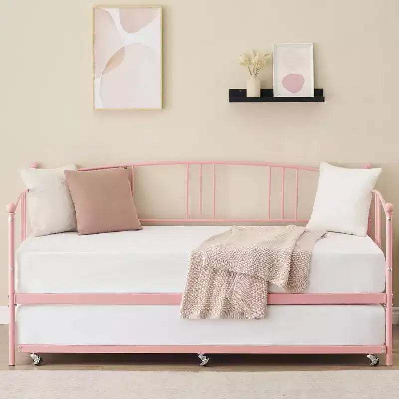 Lit de repos double en métal avec lit gigogne escamotable et 6 roulettes – Support à lattes en acier, canapé-lit d'appoint peu encombrant