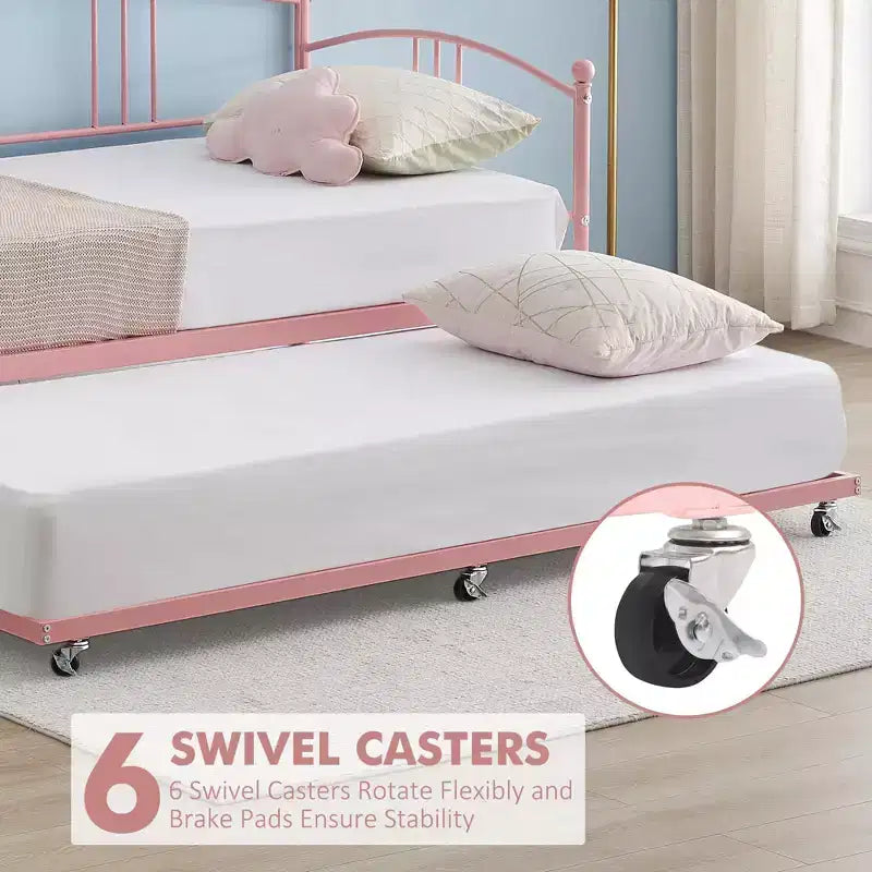 Lit de repos double en métal avec lit gigogne escamotable et 6 roulettes – Support à lattes en acier, canapé-lit d'appoint peu encombrant