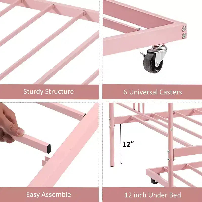 Lit de repos double en métal avec lit gigogne escamotable et 6 roulettes – Support à lattes en acier, canapé-lit d'appoint peu encombrant