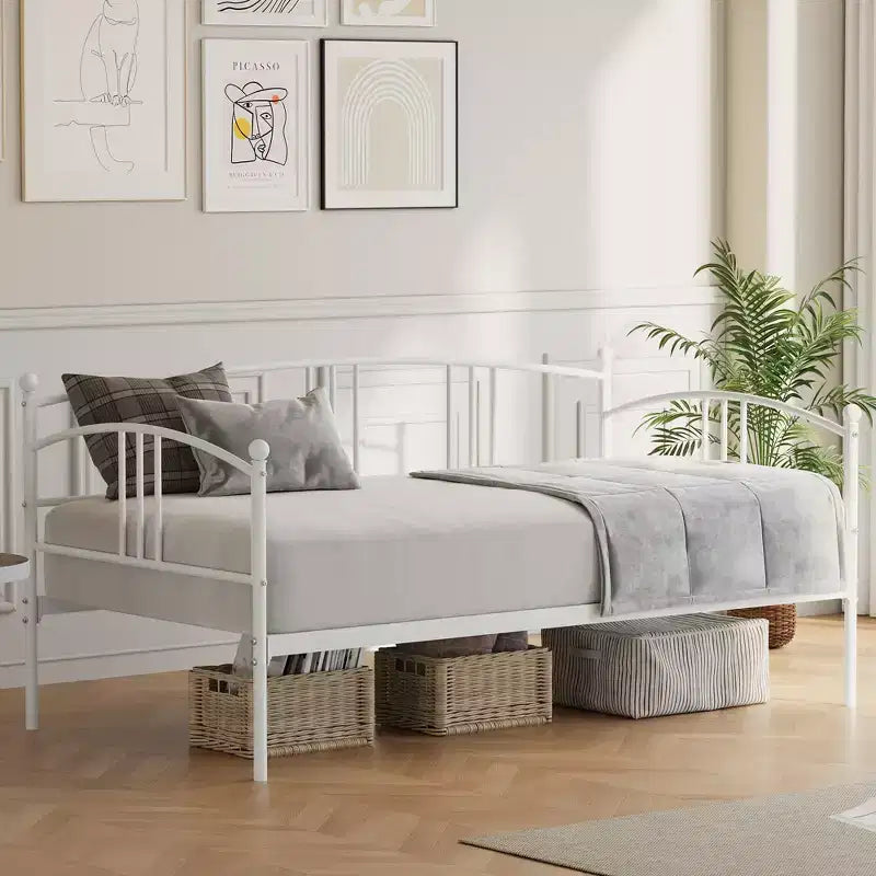 Lit de repos double en métal avec lit gigogne escamotable et 6 roulettes – Support à lattes en acier, canapé-lit d'appoint peu encombrant