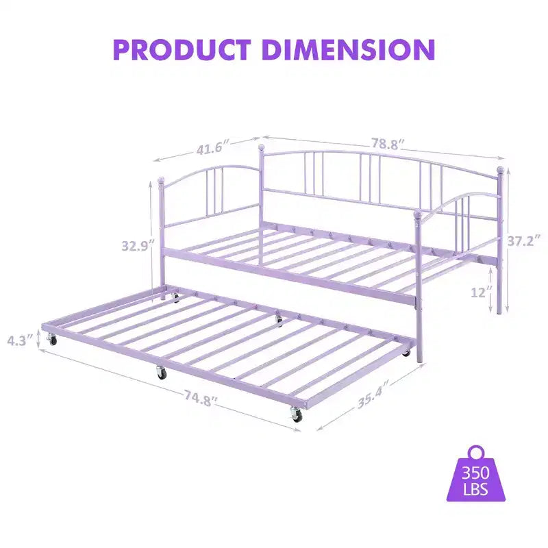 Lit de repos double en métal avec lit gigogne escamotable et 6 roulettes – Support à lattes en acier, canapé-lit d'appoint peu encombrant