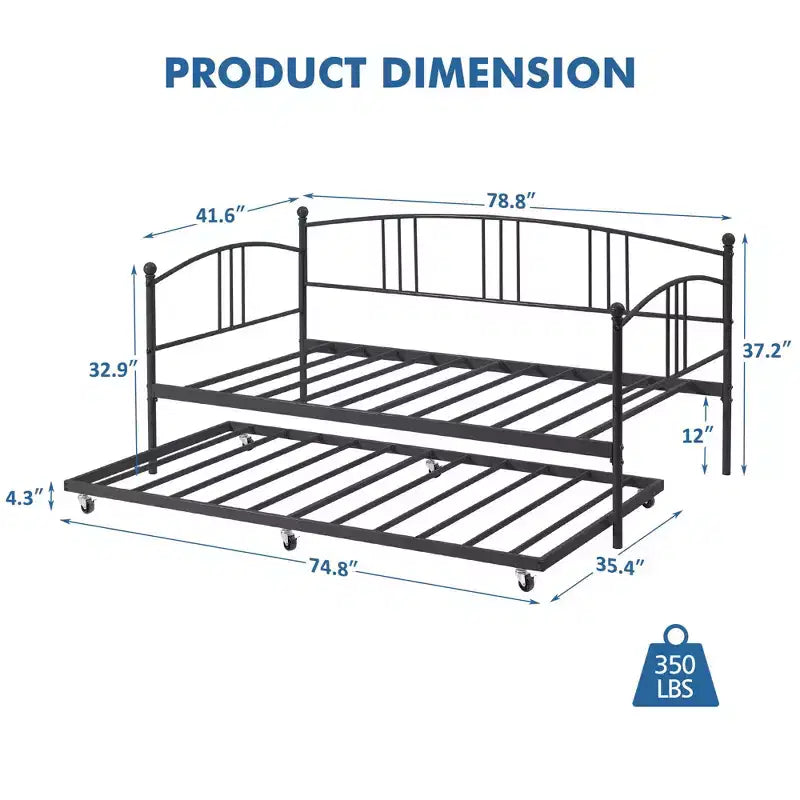 Lit de repos double en métal avec lit gigogne escamotable et 6 roulettes – Support à lattes en acier, canapé-lit d'appoint peu encombrant