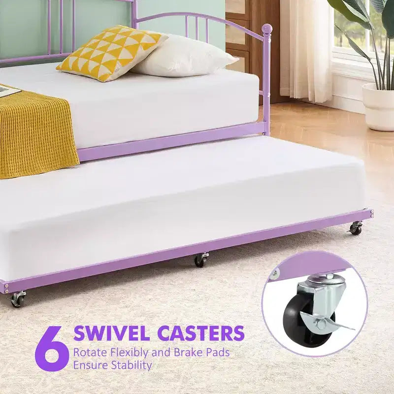 Lit de repos double en métal avec lit gigogne escamotable et 6 roulettes – Support à lattes en acier, canapé-lit d'appoint peu encombrant
