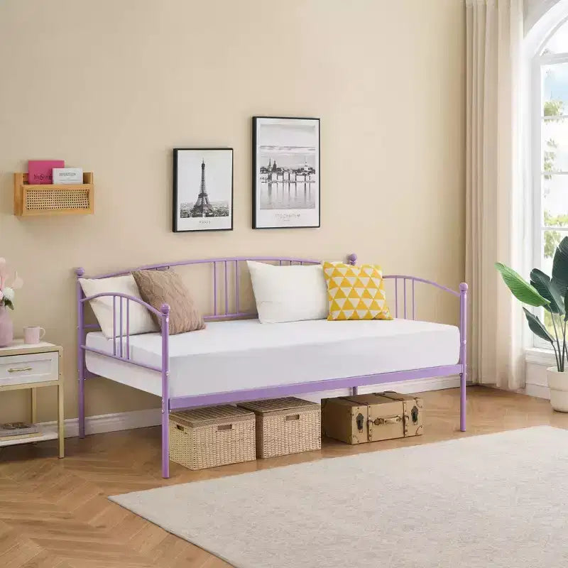 Lit de repos double en métal avec lit gigogne escamotable et 6 roulettes – Support à lattes en acier, canapé-lit d'appoint peu encombrant