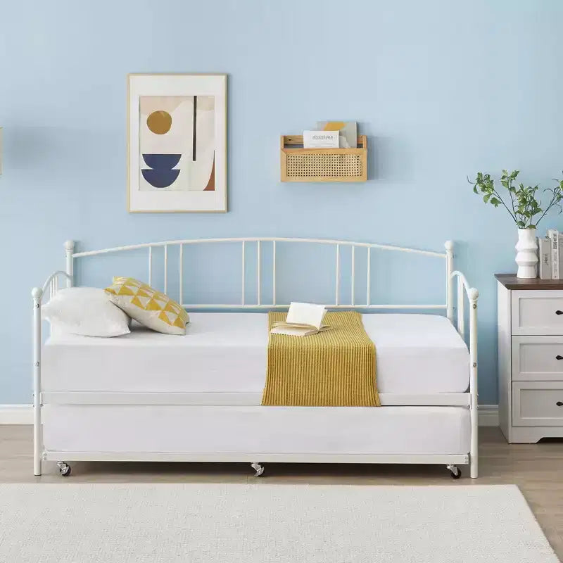 Lit de repos double en métal avec lit gigogne escamotable et 6 roulettes – Support à lattes en acier, canapé-lit d'appoint peu encombrant