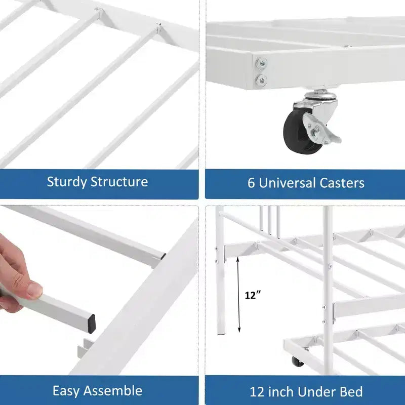 Lit de repos double en métal avec lit gigogne escamotable et 6 roulettes – Support à lattes en acier, canapé-lit d'appoint peu encombrant