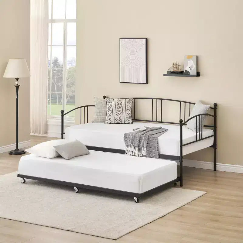 Lit de repos double en métal avec lit gigogne escamotable et 6 roulettes – Support à lattes en acier, canapé-lit d'appoint peu encombrant