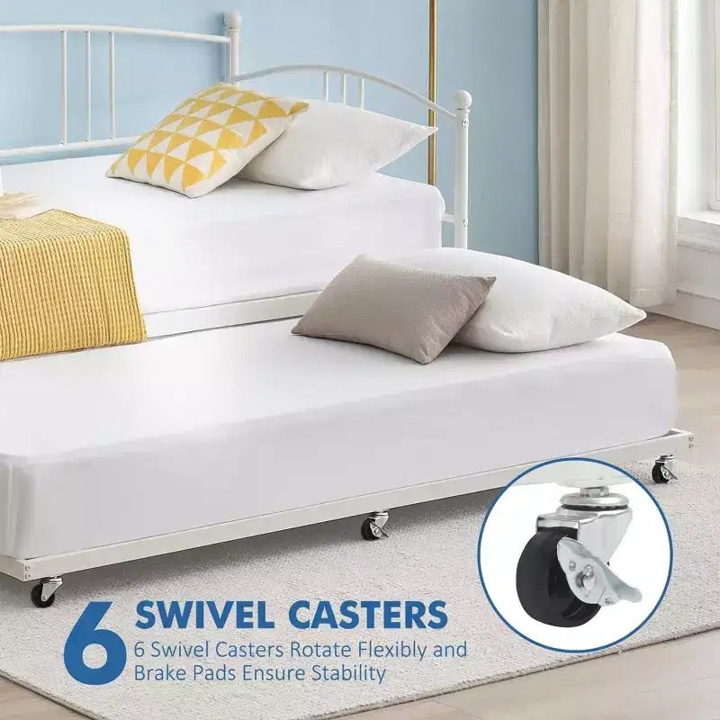 Lit de repos double en métal avec lit gigogne escamotable et 6 roulettes – Support à lattes en acier, canapé-lit d'appoint peu encombrant