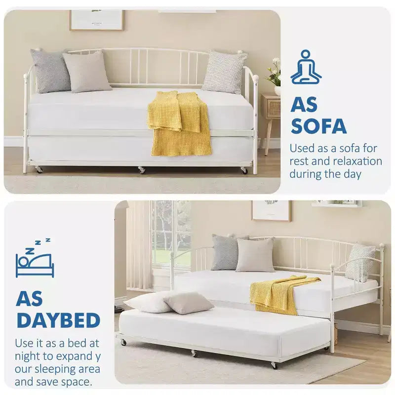 Lit de repos double en métal avec lit gigogne escamotable et 6 roulettes – Support à lattes en acier, canapé-lit d'appoint peu encombrant
