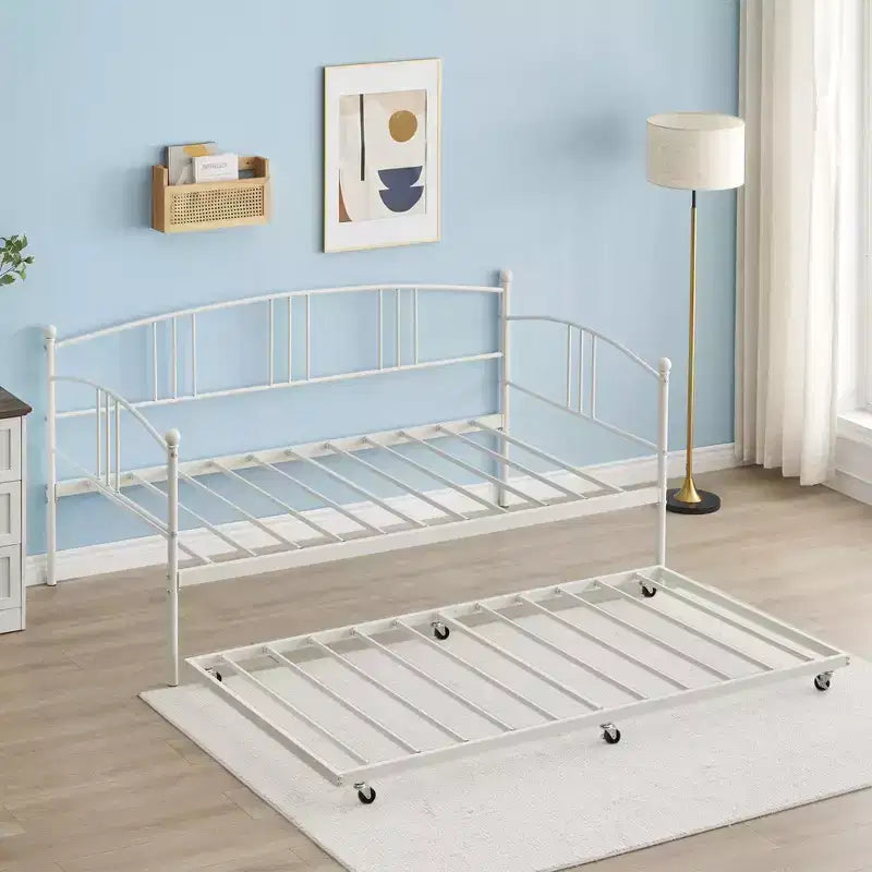 Lit de repos double en métal avec lit gigogne escamotable et 6 roulettes – Support à lattes en acier, canapé-lit d'appoint peu encombrant