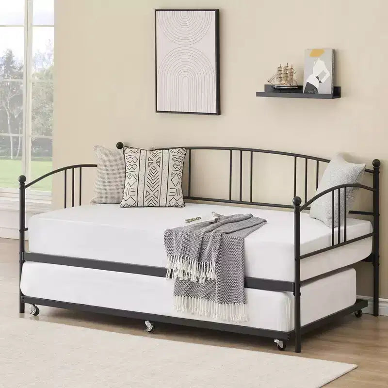 Lit de repos double en métal avec lit gigogne escamotable et 6 roulettes – Support à lattes en acier, canapé-lit d'appoint peu encombrant