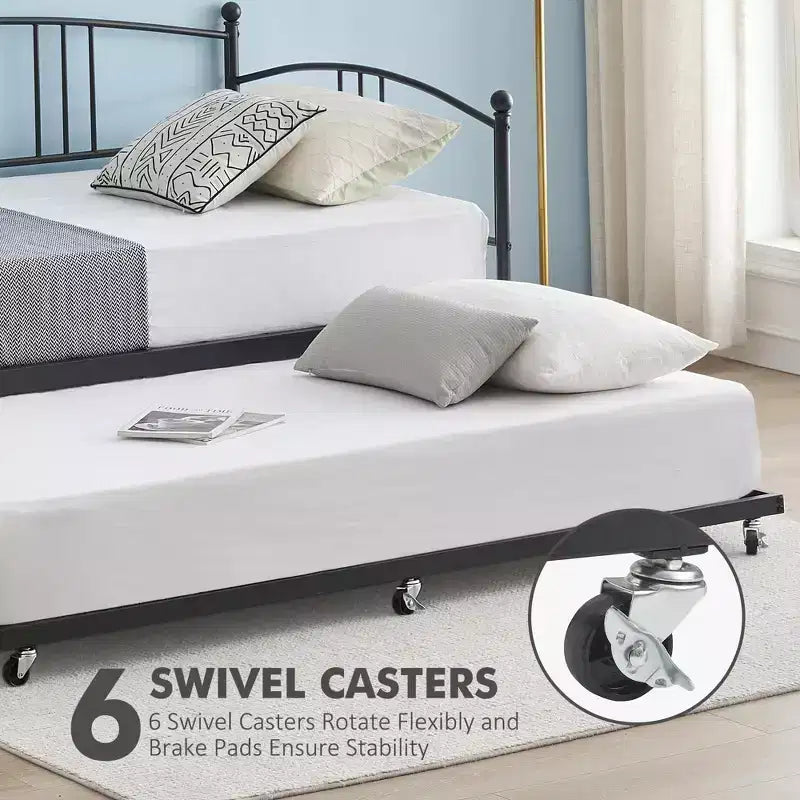 Lit de repos double en métal avec lit gigogne escamotable et 6 roulettes – Support à lattes en acier, canapé-lit d'appoint peu encombrant