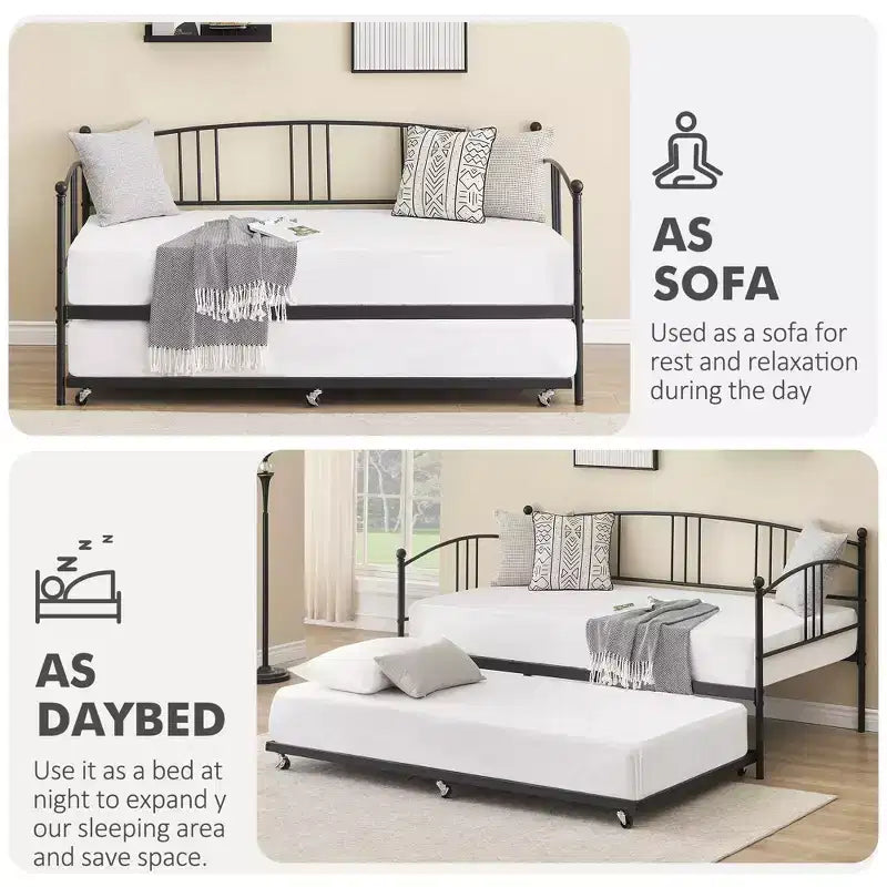 Lit de repos double en métal avec lit gigogne escamotable et 6 roulettes – Support à lattes en acier, canapé-lit d'appoint peu encombrant
