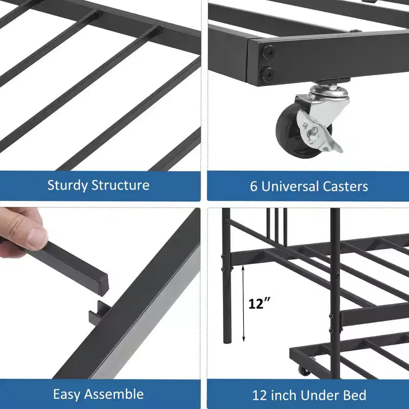 Lit de repos double en métal avec lit gigogne escamotable et 6 roulettes – Support à lattes en acier, canapé-lit d'appoint peu encombrant