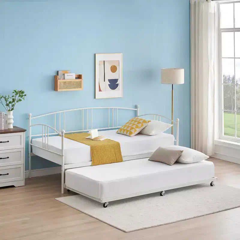 Lit de repos double en métal avec lit gigogne escamotable et 6 roulettes – Support à lattes en acier, canapé-lit d'appoint peu encombrant