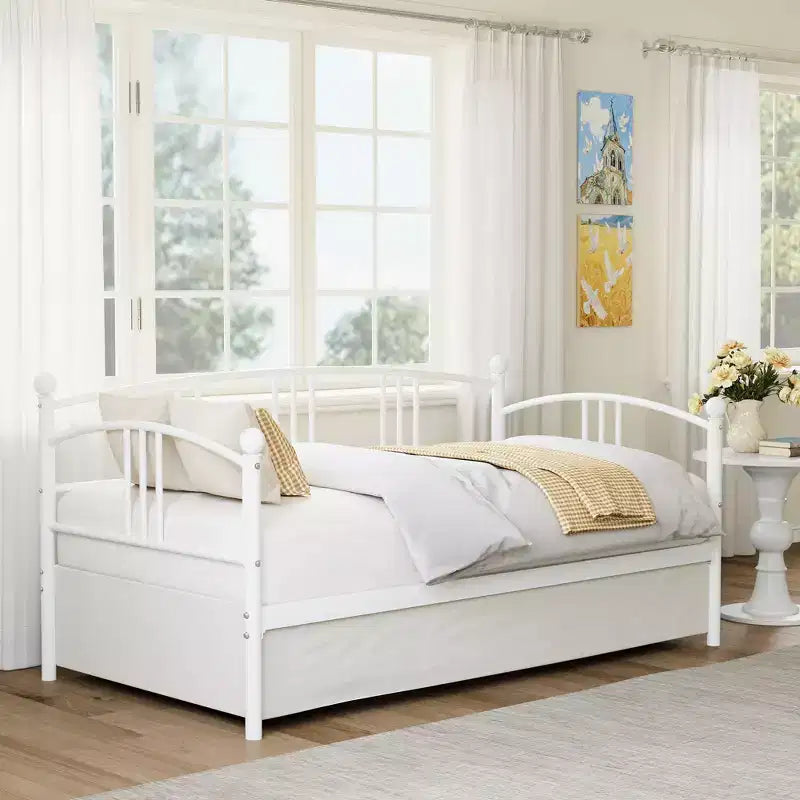 Lit de repos double en métal avec lit gigogne escamotable et 6 roulettes – Support à lattes en acier, canapé-lit d'appoint peu encombrant