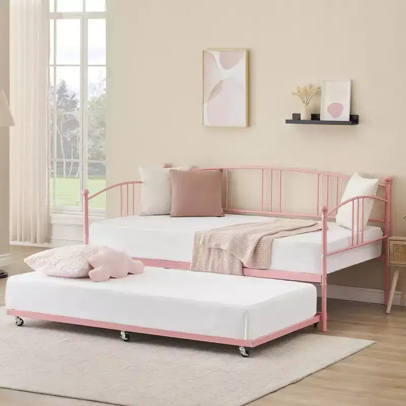 Lit de repos double en métal avec lit gigogne escamotable et 6 roulettes – Support à lattes en acier, canapé-lit d'appoint peu encombrant